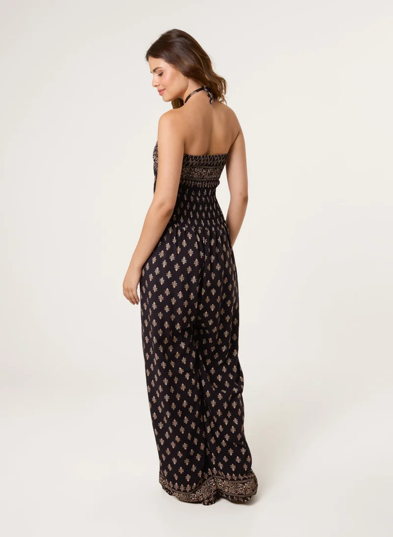 Blue Vanilla Shirred Wide Leg Border Print Jumpsuit